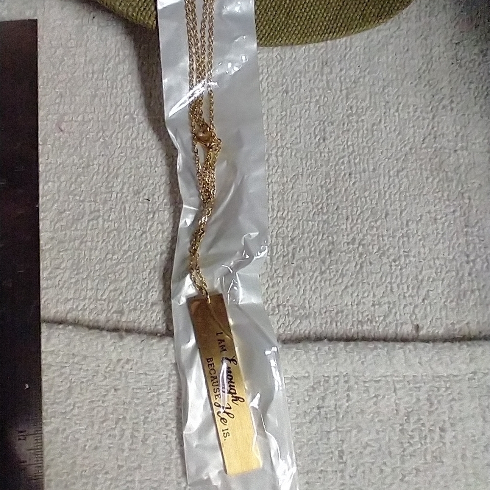 New goldtone I am enough because he is christian catholic religious necklace